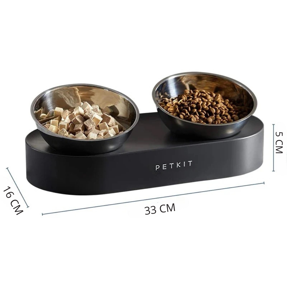 Dimension total de la gamelle double pour chien de boutiquechien. Taille de 33 cm de long