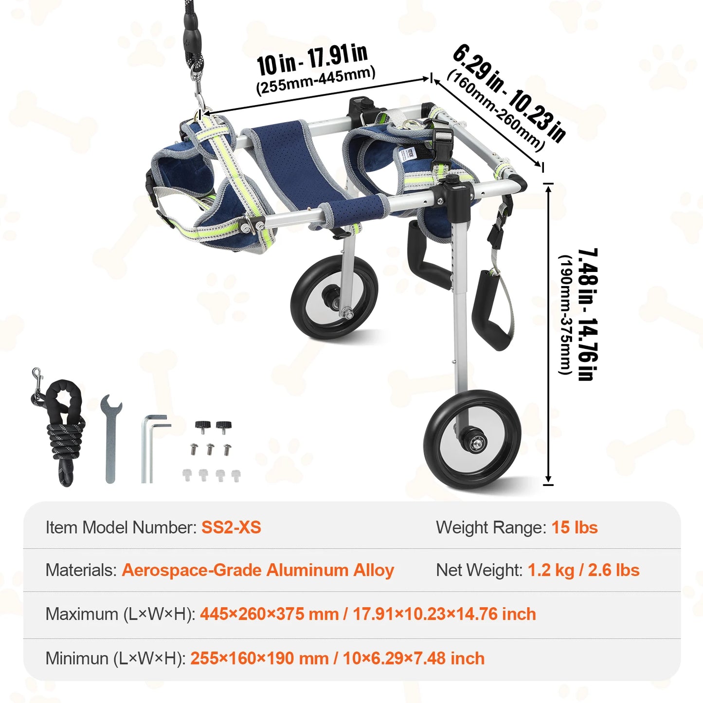 Dimension total du chariot pour chien de taille XS. Image produit Boutiquechien
