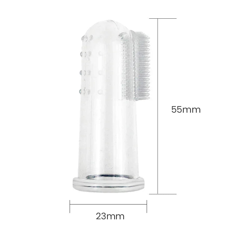 Dimensions total du doigt brosse a dent transparent de 55 mm de long sur 23mm de large. Image produit Boutiquechien