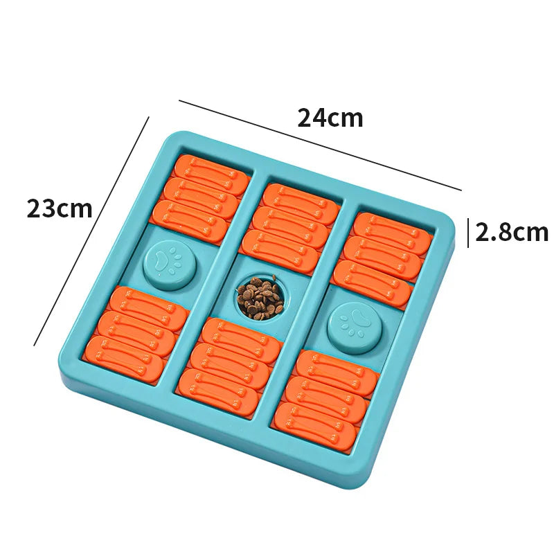 dimensions total du puzzle pour chien de couleur bleu et orange avec des croquettes dedans. Image produit Boutiquechien