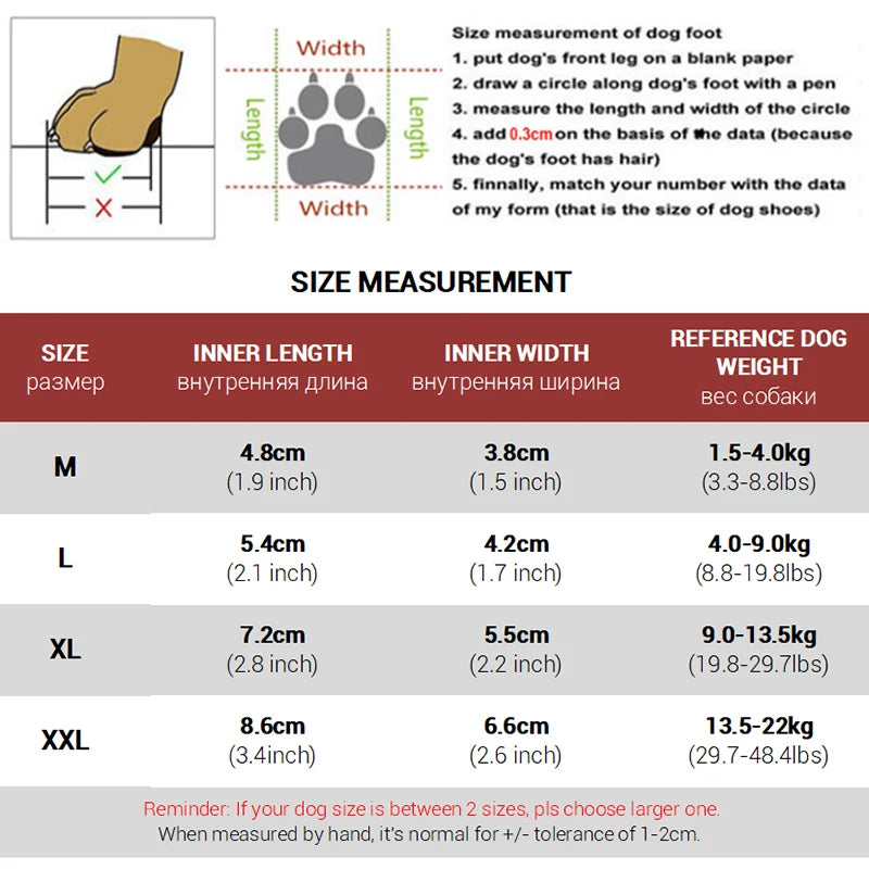 Dimensions total des bottes pour chiens de boutiquechien