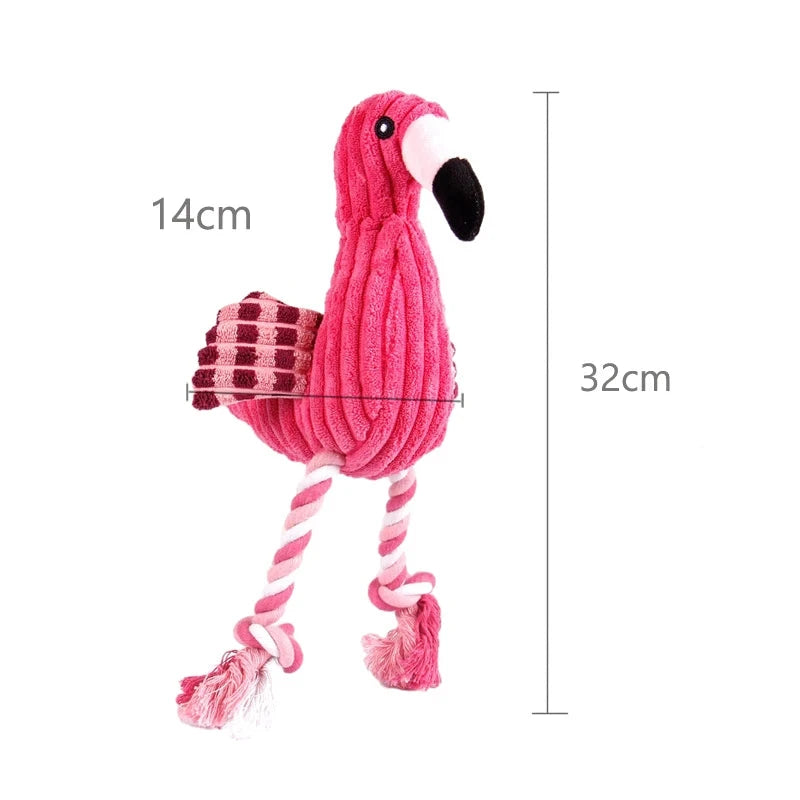 Peluche chien flamant rose de dimensions 32cm et de largeurs 14cm. Image produit Boutiquechien