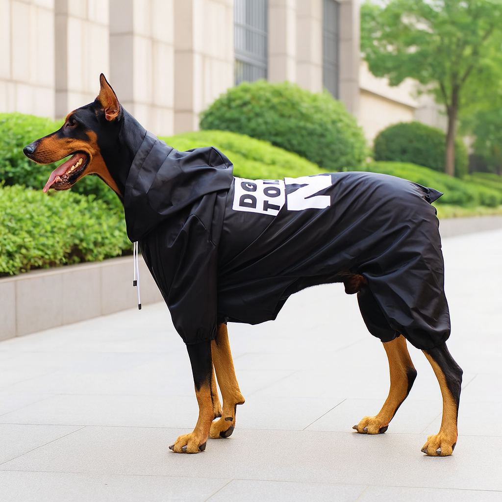 Doberman de couleur noir et brun dans une rue élégante. Sous les pattes du chien il y a des dalles de bétons avec en fond de la verdure et une grande bâtisse. Image produit Boutiquechien