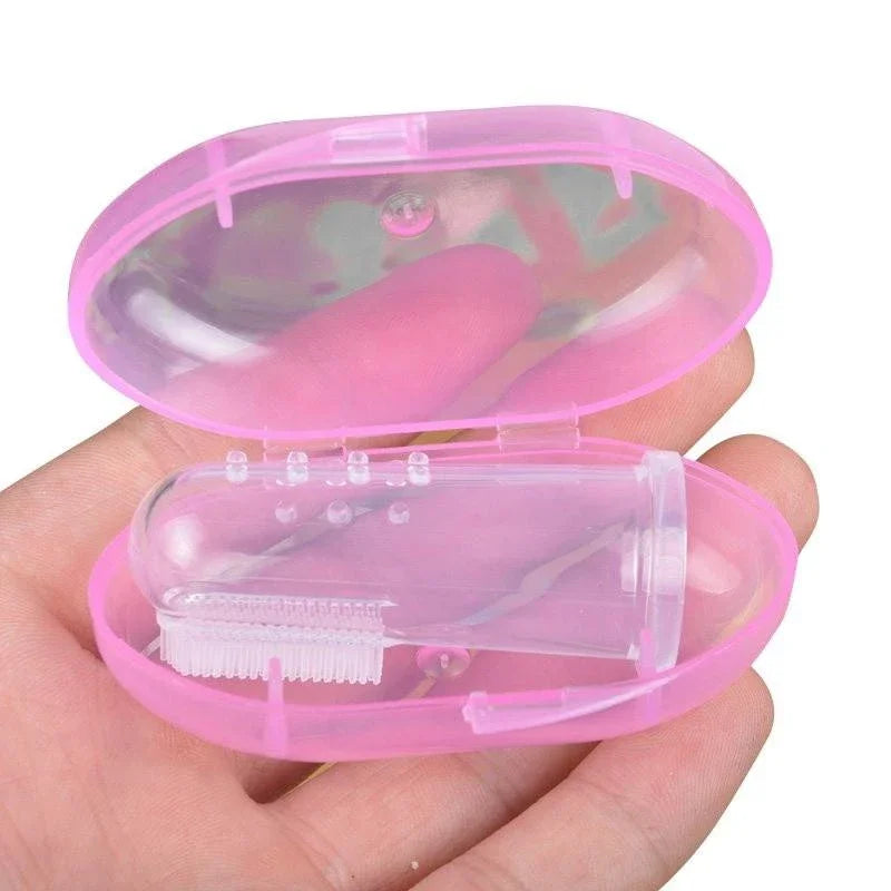 doigt brosse a dent transparent avec boite de rangement de couleur rose. Image produit Boutiquechien