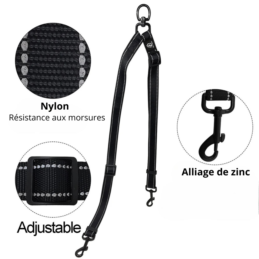 Extension de laisse de couleur noir réfléchissant en nylon ajustable. Extension de laisse parfaite pour promener deux chiens. Image produit Boutiquechien