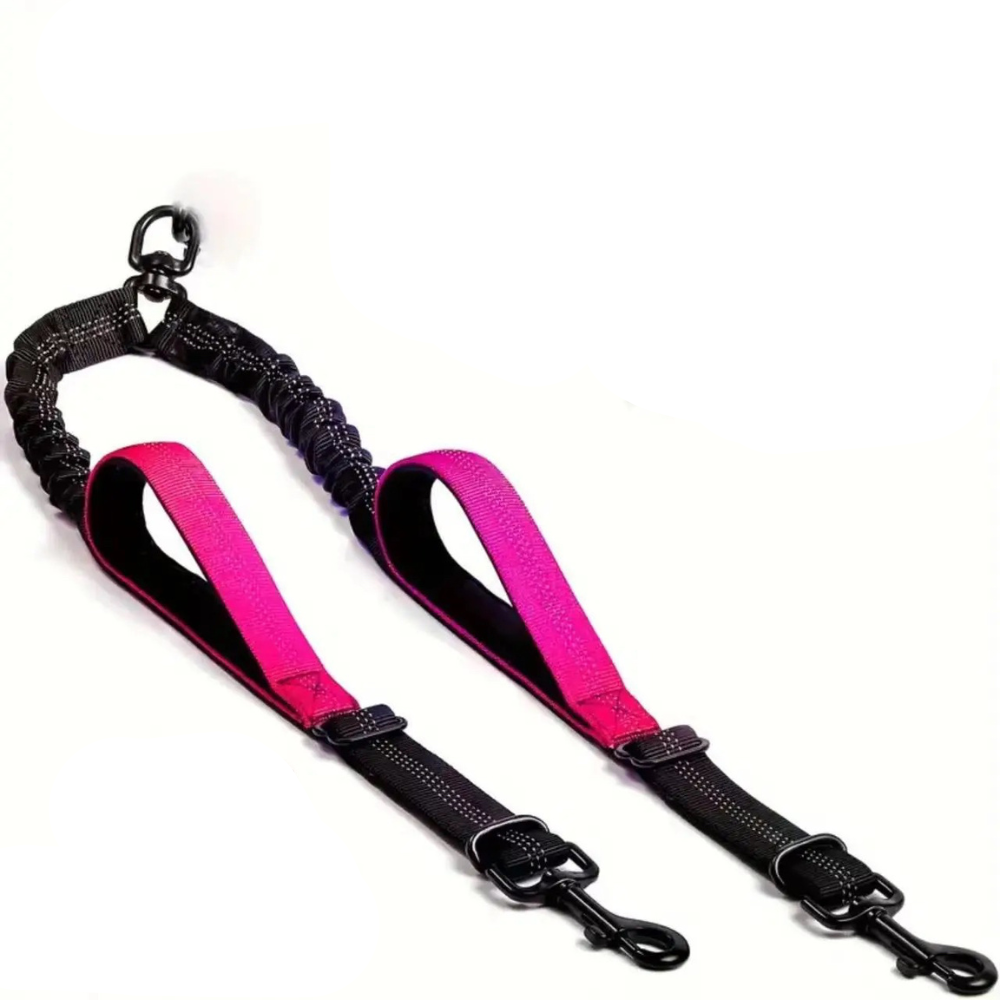 extension de laisse double avec des poignées de couleur rose de chaque côté pour maintenir les chiens. Image produit Boutiquechien