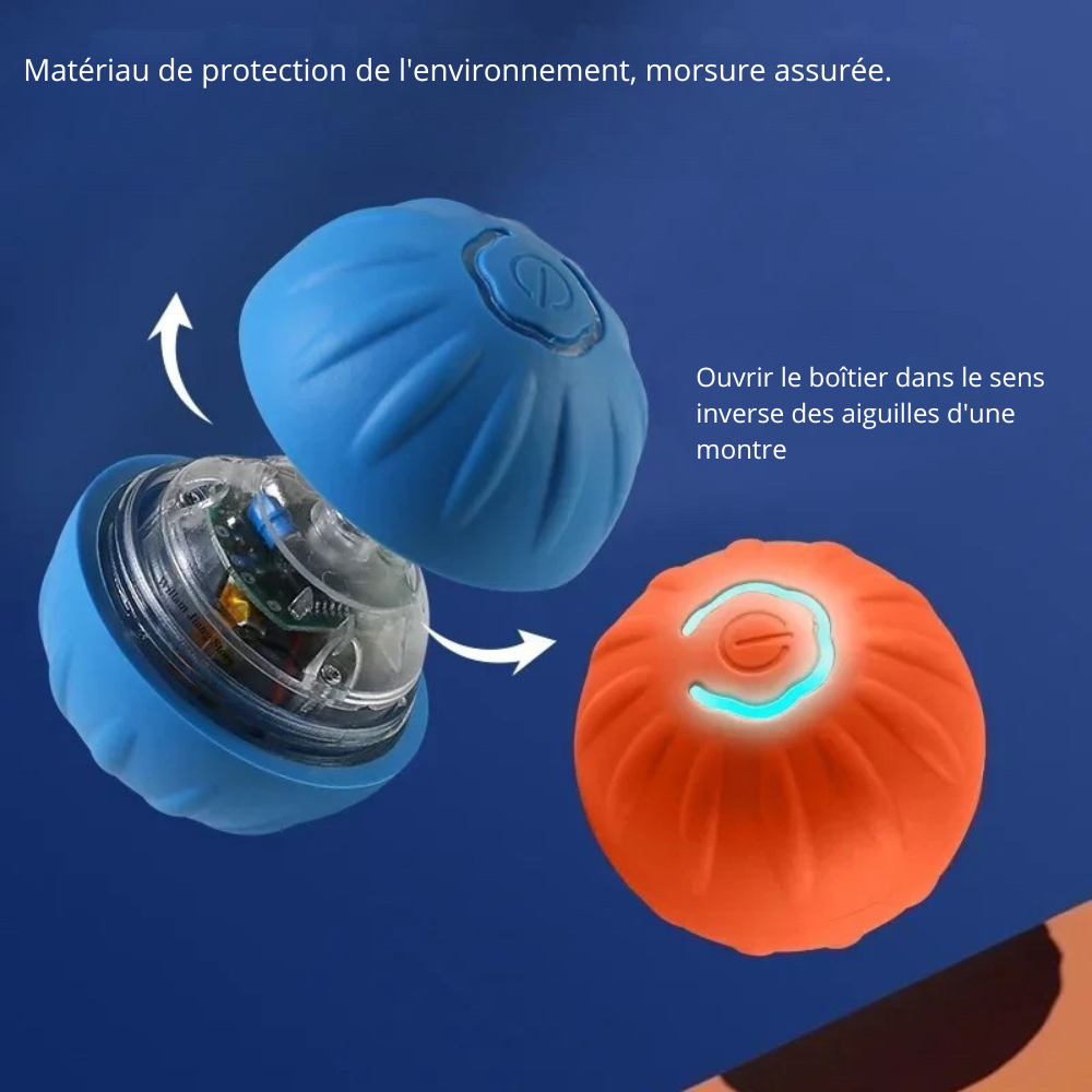 fonctionnement de la balle interactive de couleur bleu et orange. Image produit Boutiquechien