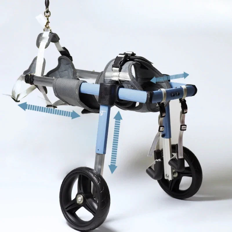 fonctionnement du chariot pour petit chien handicapé de couleur bleu et noir. Image produit Boutiquechien