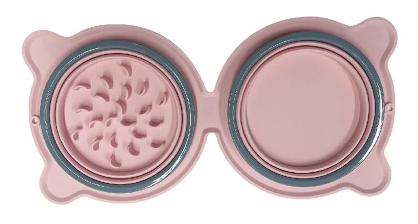 Gamelle pour chien pliante de couleur rose avec deux parties dépliante. Image produit Boutiquechien