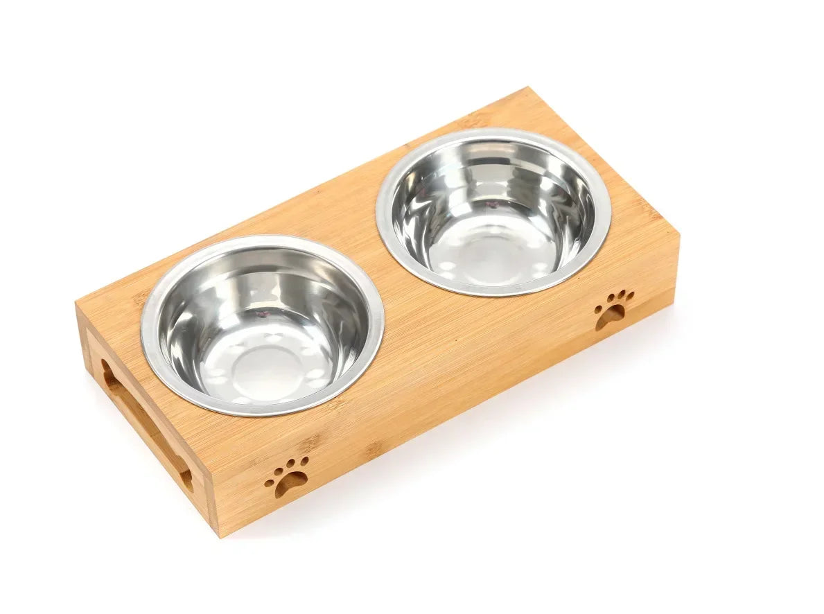 Gamelle pour chien double de couleur gris et bois. Image produit Boutiquechien