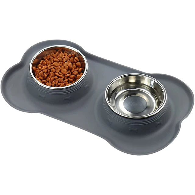Gamelle double pour chien de couleur gris avec deux gamelle inox. Image produit Boutiquechien