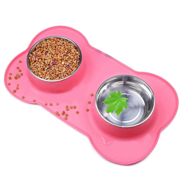 Gamelle double pour chien de couleur rose avec deux gamelle inox. Image produit Boutiquechien