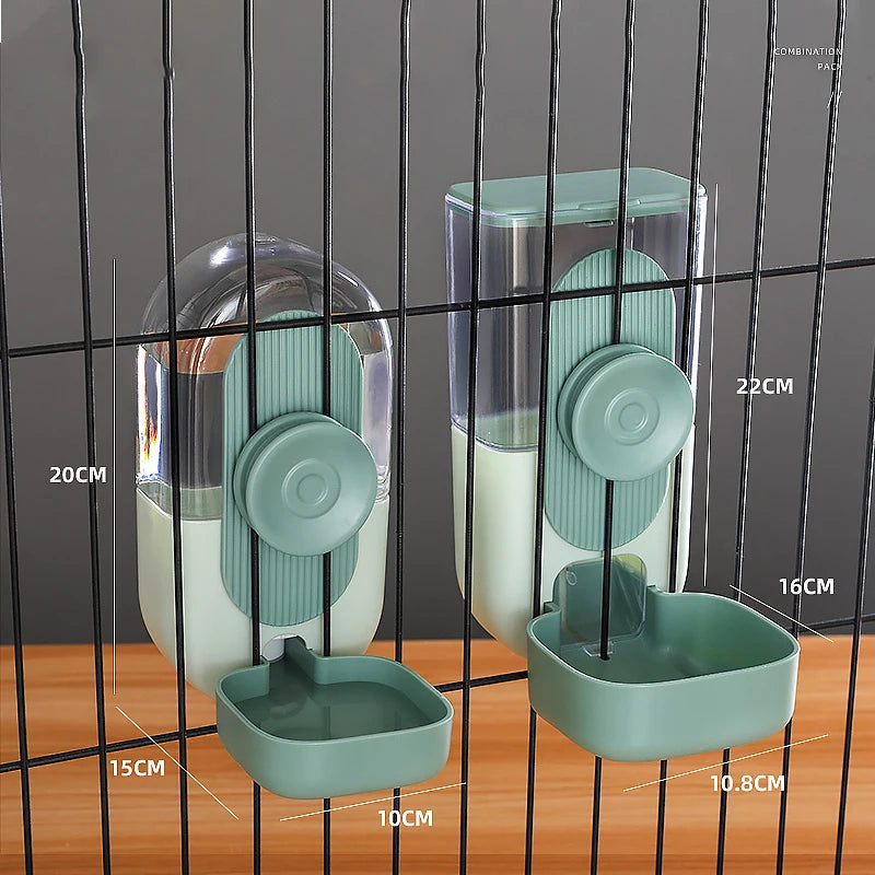 Gamelle double d'eau de couleur verte avec toutes les dimensions sur un grillage noir. Image produit Boutiquechien
