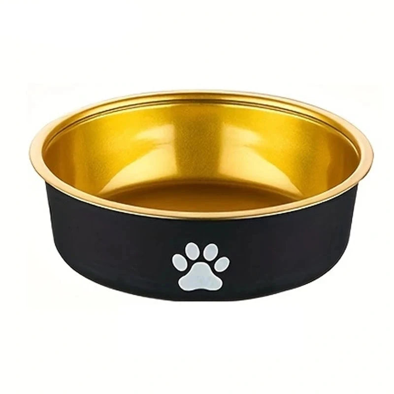 Gamelle pour chien noir et or anti-dérapante avec une patte blanche dessus. Image produit Boutiquechien