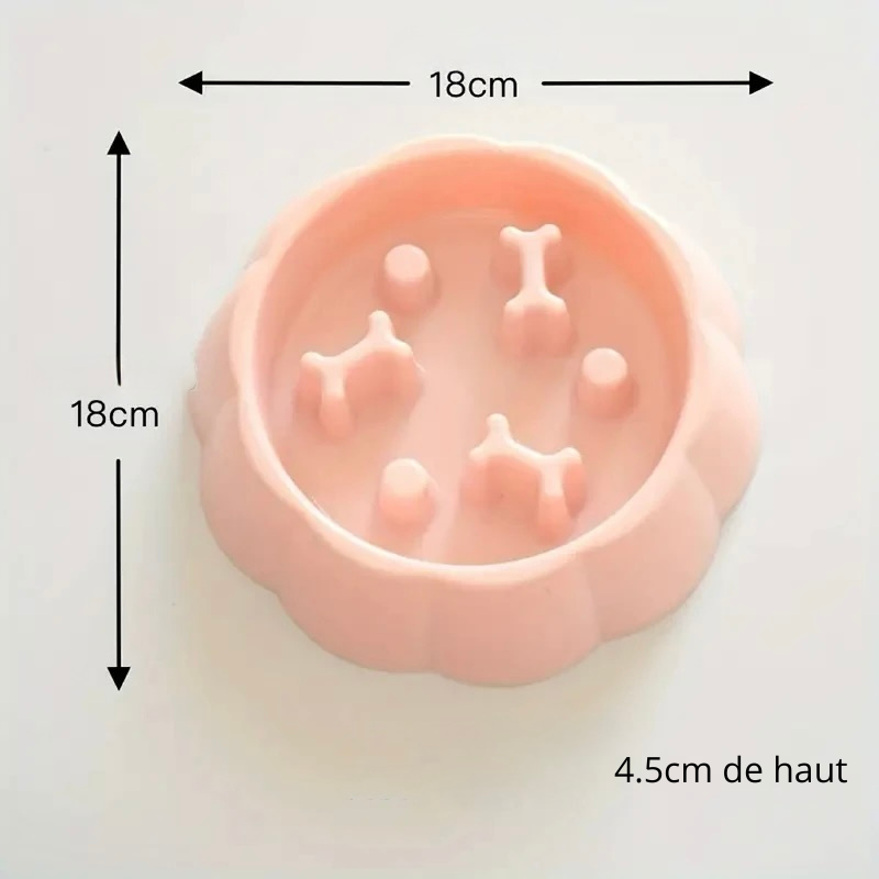 Gamelle pour chien anti-glouton de couleur pêche avec pour dimension 18cm sur 18cm parfait pour votre chien. Image produit Boutiquechien