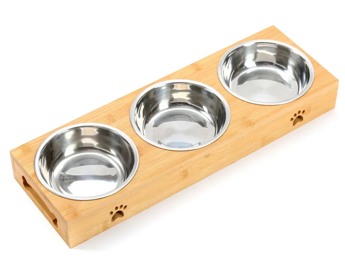 Gamelle triple pour petit chien en inox sur support bois. Image produit Boutiquechien
