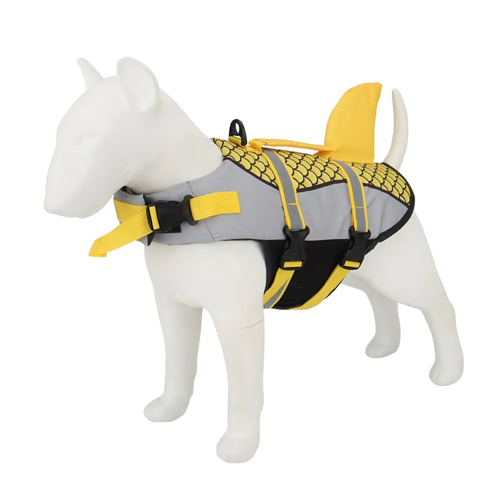 Gilet de sauvetage pour les chiens en forme de requin de couleur jaune et gris. Image produit Boutiquechien