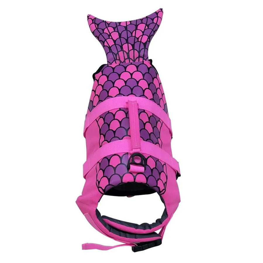 Gilet de sauvetage pour les chiens avec une vue du dessus de couleur rose. Le gilet pour chien à une forme de sirène. Image produit Boutiquechien