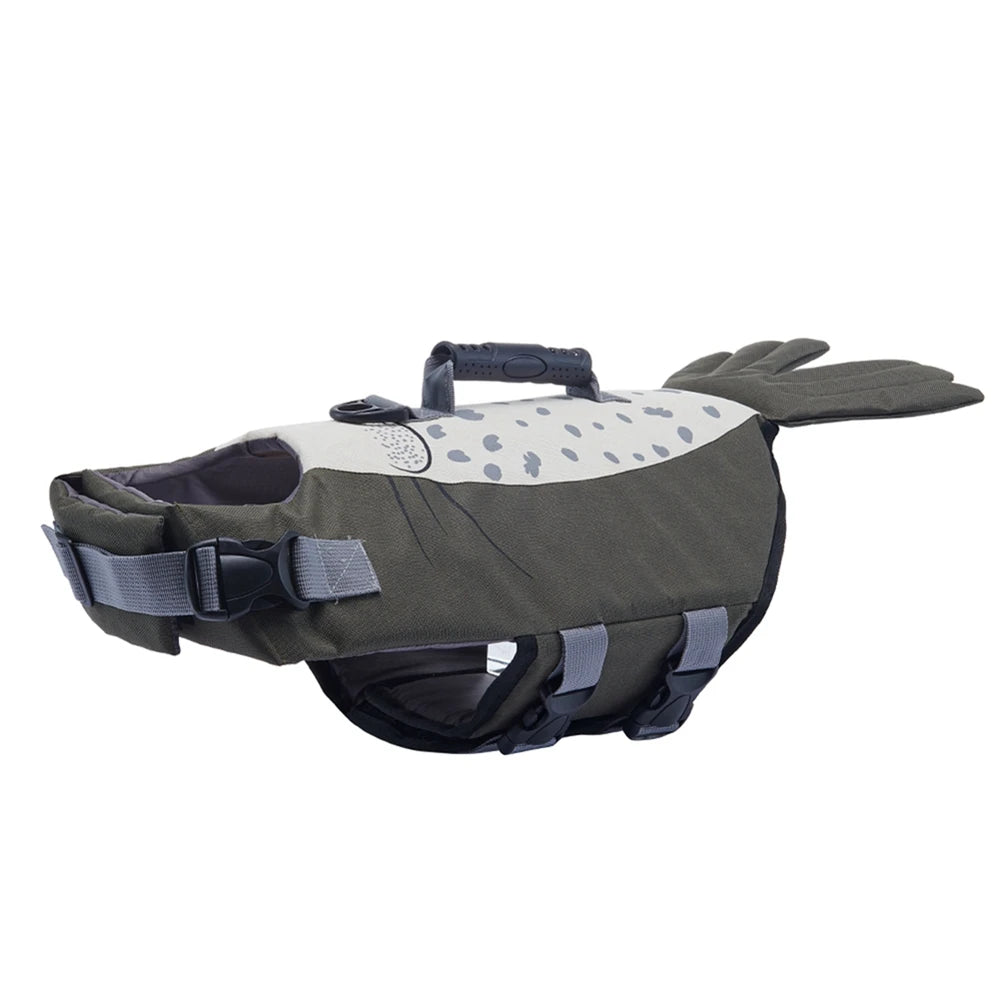 Gilet de sauvetage pour les chiens de grande taille de couleur gris en forme de phoque. Image produit Boutiquechien