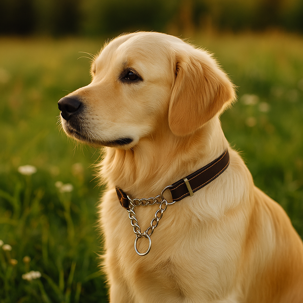 Golden retriever de couleur blanc dans un champ. Image produit Boutiquechien