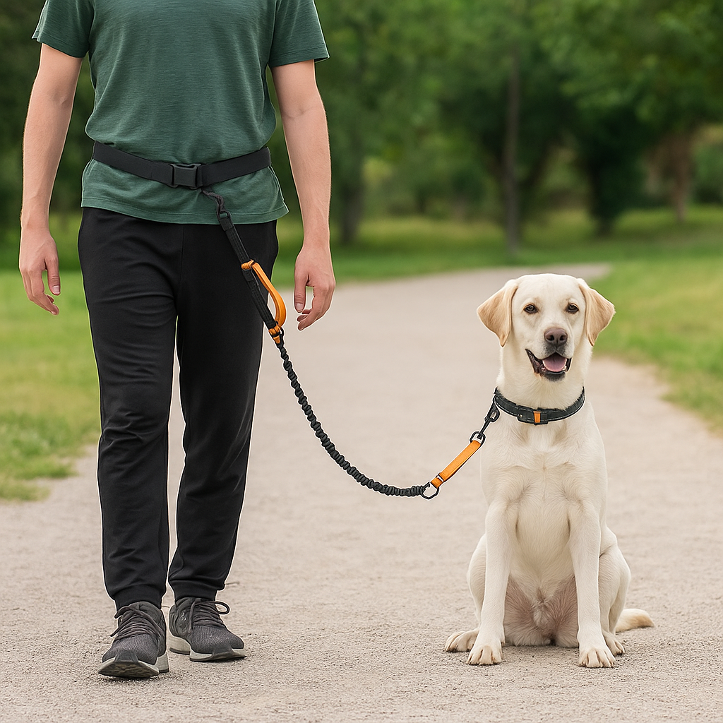 Golden retriever de couleur blanc à côté de son maître se promenant dans un parc avec en fond des arbres et de l'herbes. Image produit Boutiquechien