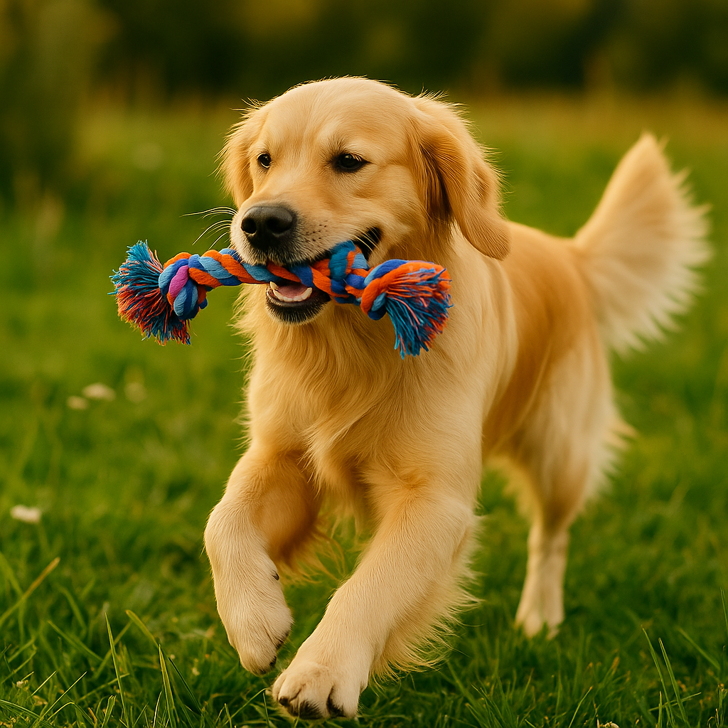 golden retriever à poil blanc jouant dans l'herbe avec son os en corde de plusieurs couleurs. Le chien court dans l'herbe près des arbres. Image produit Boutiquechien