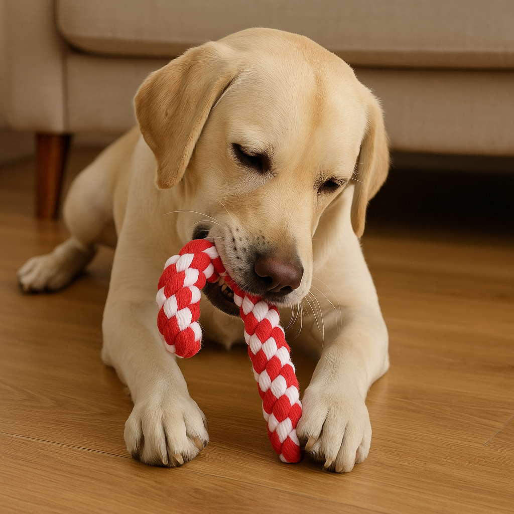 Golden retriever de couleur blanc mâchouillant son jouet en corde en forme de sucre d'orge. Le chien est couché devant un canapé de couleur claire. Image produit Boutiquechien
