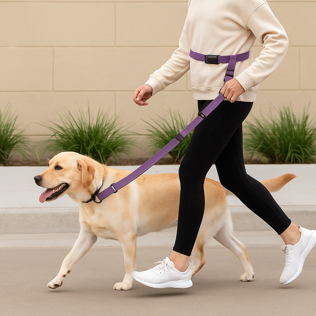 Golden retriever de couleur blanc courant avec sa maîtresse de couleur blanc et noir. Le chien court avec son chien de couleur blanc dans une rue de couleur claire. Image produit Boutiquechien