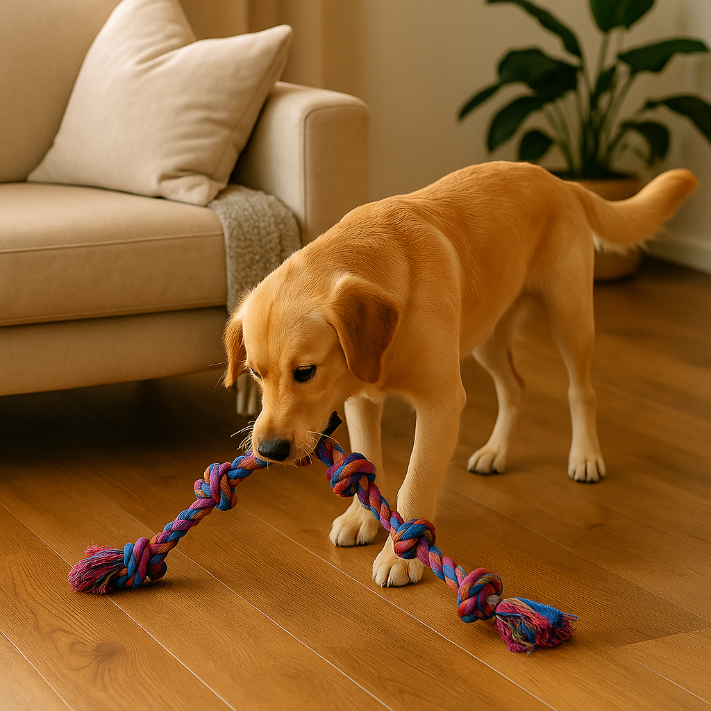 Golden retriever blanc jouant avec son os en corde géant dans un salon de couleur claire. Image produit Boutiquechien