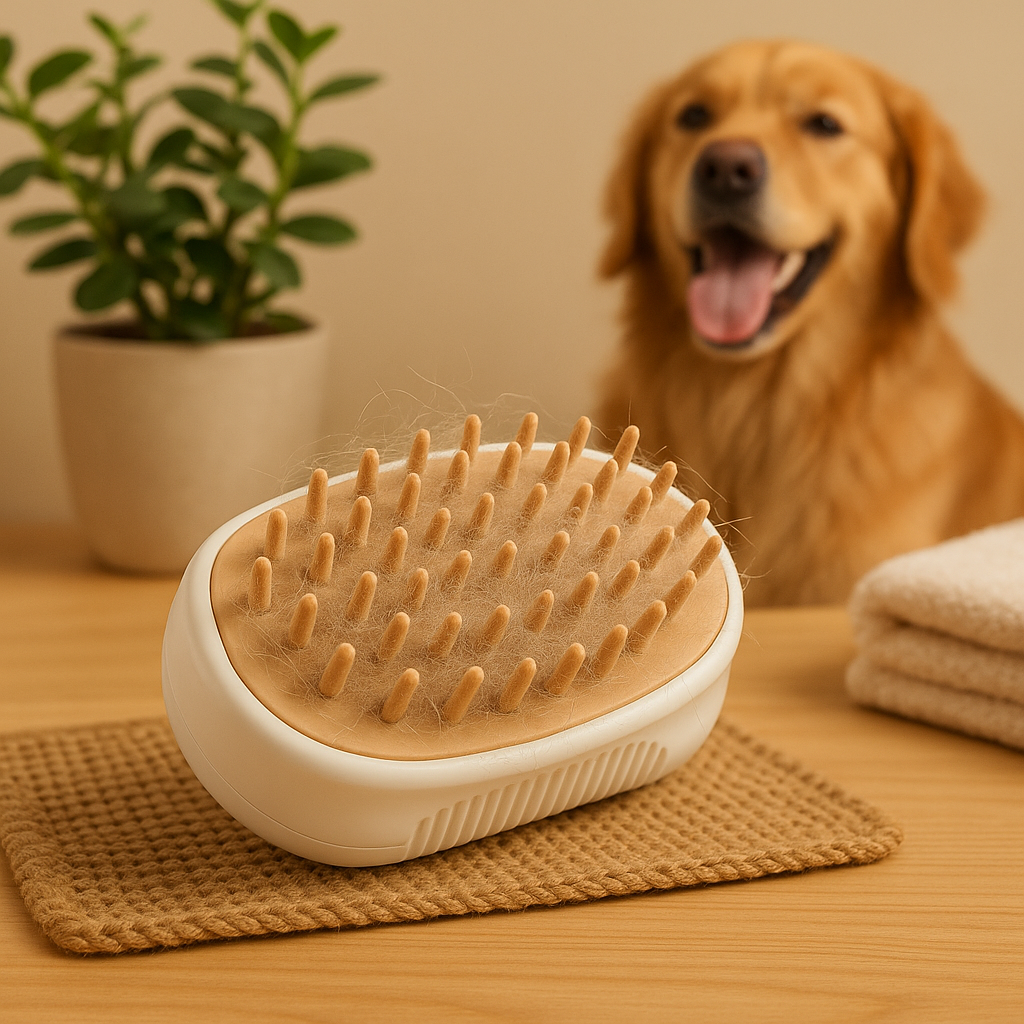 Golden retriever roux en fond face à sa brosse à vapeur brun et blanc. A cote il y a une plante verte et une serviette. Image produit Boutiquechien