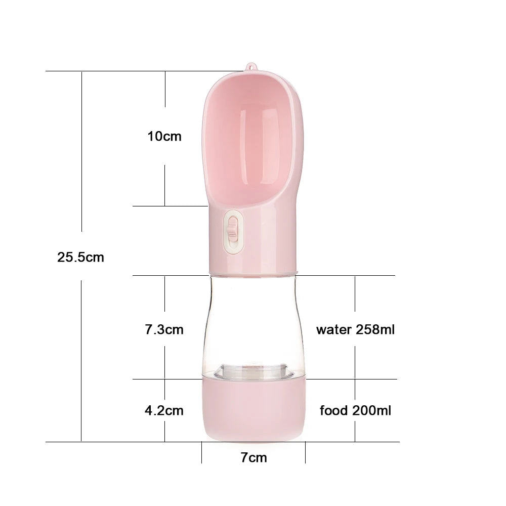 Gourde portable de couleur rose avec toutes les dimensions de la gourde. La gourde fait 25.5cm de long parfait pour un transport facilité. Image produit boutiquechien