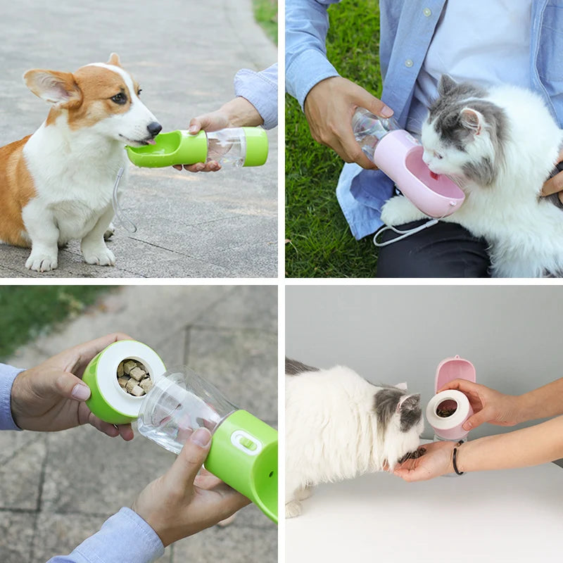 gourde pour animaux multi fonctions de couleur vert et rose. Image montrant un chat et une chien utilisant la gourde portable pour chien. Image produit Boutiquechien