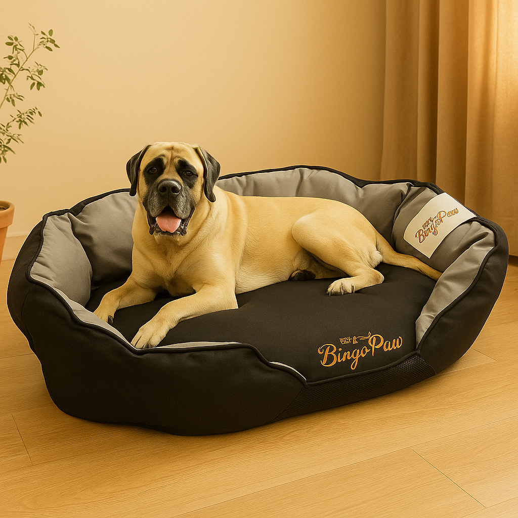 Grand chien couché dans un grand panier chien noir et gris. Produit Boutiquechien