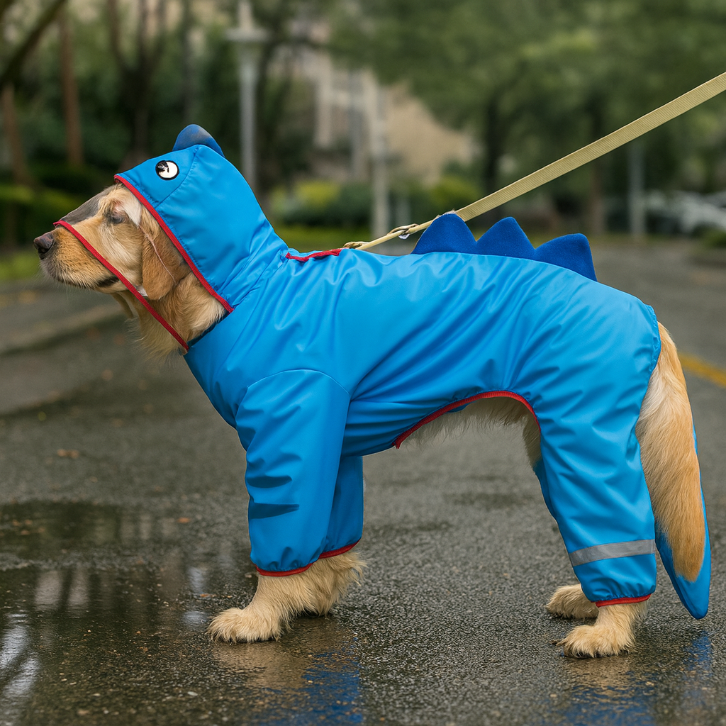Gros chien de couleur claire dans un imper de couleur bleu en forme de requin. Image produit Boutiquechien