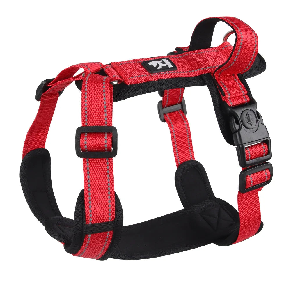 Harnais chien rouge et noir avec une poignée de maintien. Image produit Boutiquechien