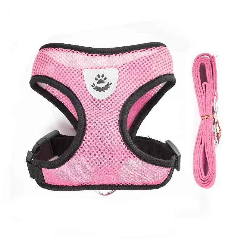 Harnais pour chien en nylon respirant de couleur rose claire avec laisse assortie. Image produit Boutiquechien