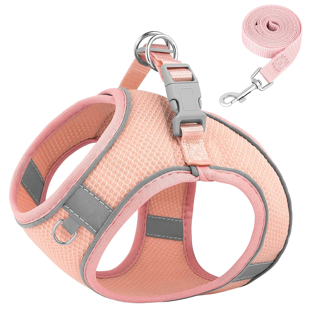 Harnais pour chihuahua de couleur saumon et gris respirant avec laisse assortie. Le harnais pour petit chien possèdent de nombreuses attaches avec des bandes réfléchissantes. Image produit Boutiquechien