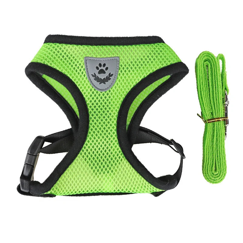 Harnais pour chien en nylon respirant de couleur vert avec laisse assortie. Image produit Boutiquechien