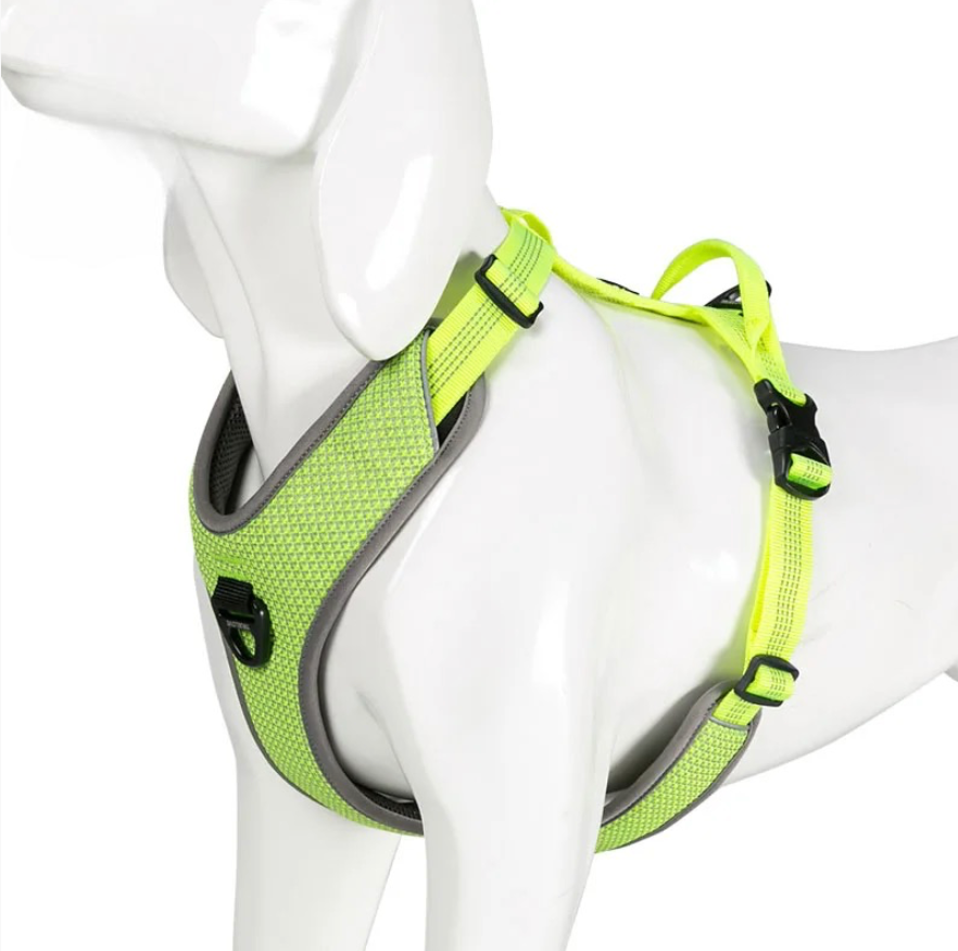 harnais pour petit chien parachute de couleur jaune fluo sur un mannequin chien
