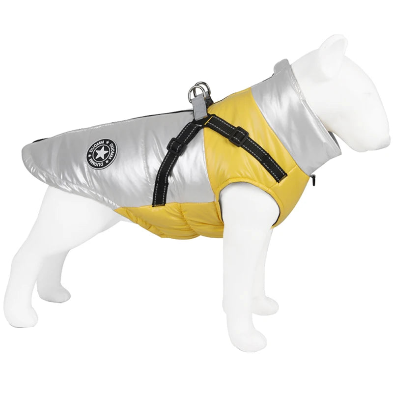 Harnais veste pour chien de couleur gris posé sur un mannequin chien. Image produit Boutiquechien