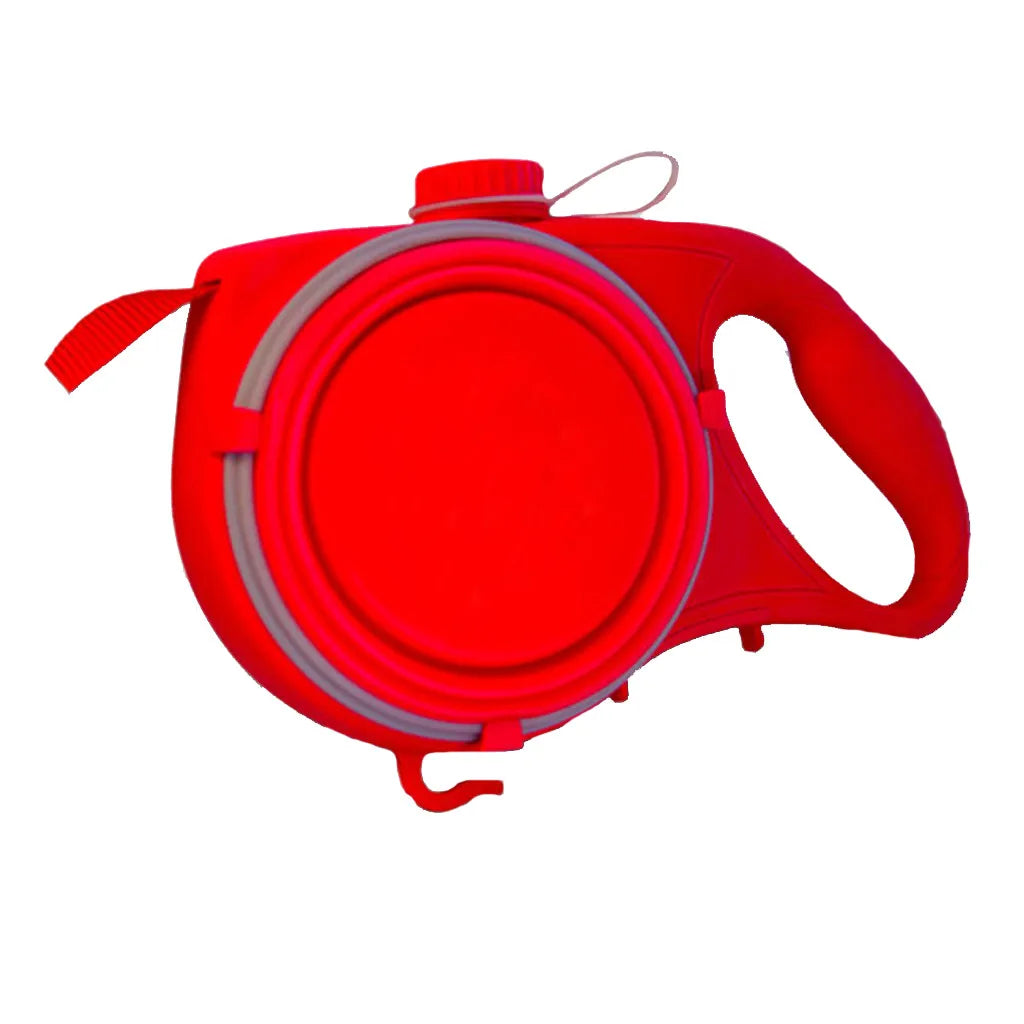 Laisse rouge enrouleur avec une gourde à l'intérieur. Pratique avec une gamelle intégré. Image produit Boutiquechien