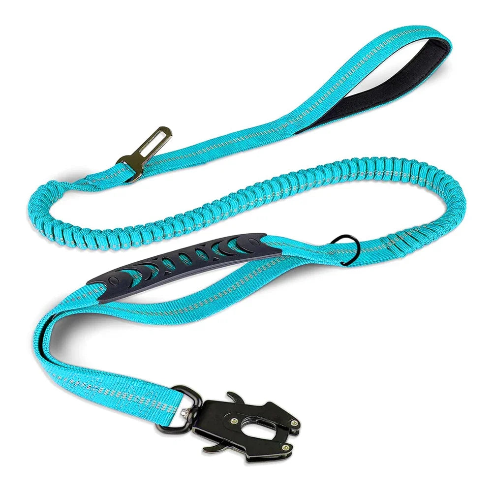 Laisse pour chien trois en un avec cordon élastique. Attache résistante pour rouler en voiture. Laisse pour chien trois en un bleu. Image produit Boutiquechien