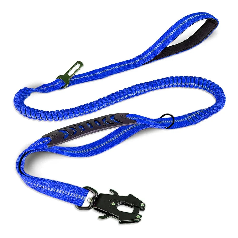 Laisse pour chien trois en un avec cordon élastique. Attache résistante pour rouler en voiture. Laisse pour chien trois en un bleu foncé . Image produit Boutiquechien