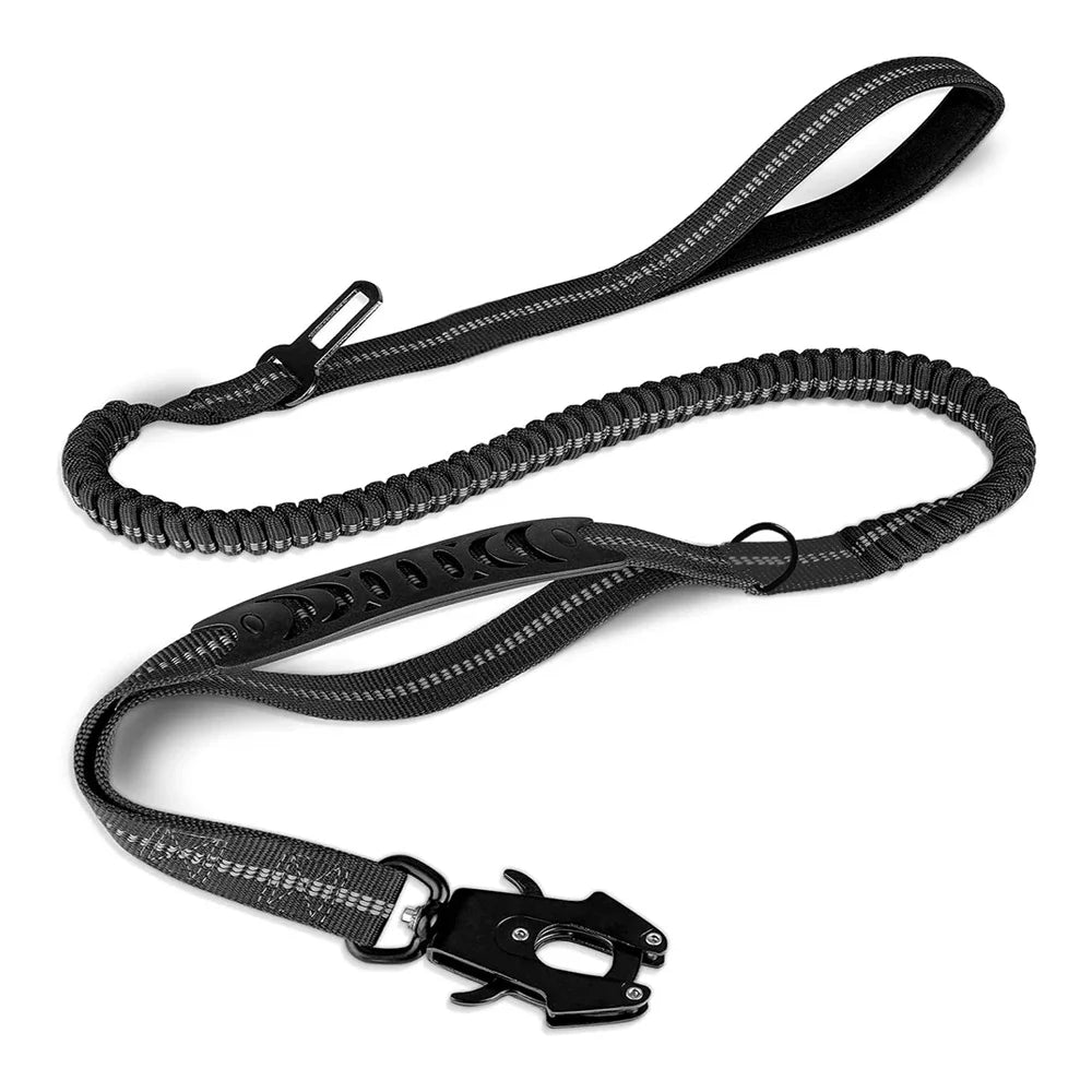 Laisse pour chien trois en un avec cordon élastique. Attache résistante pour rouler en voiture. Laisse pour chien trois en un noir . Image produit Boutiquechien