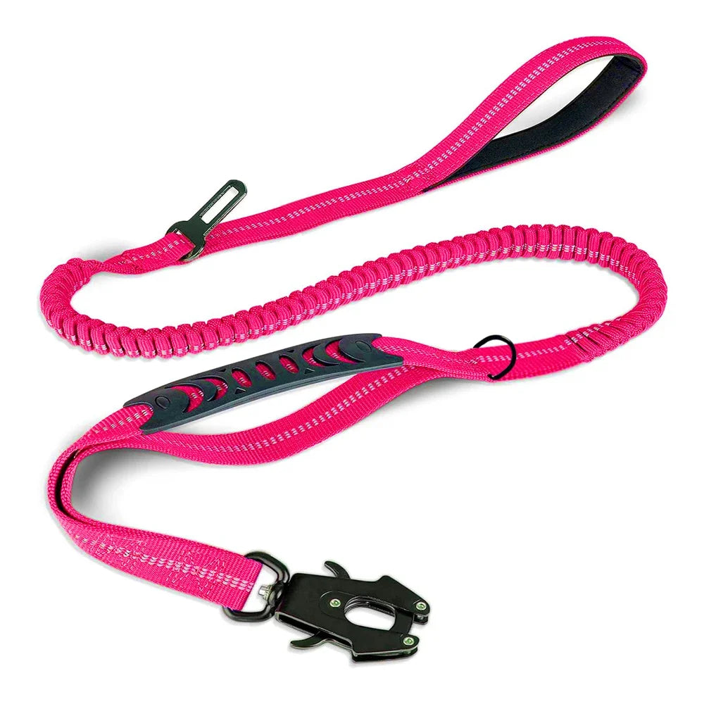 Laisse pour chien trois en un avec cordon élastique. Attache résistante pour rouler en voiture. Laisse pour chien trois en un rose . Image produit Boutiquechien