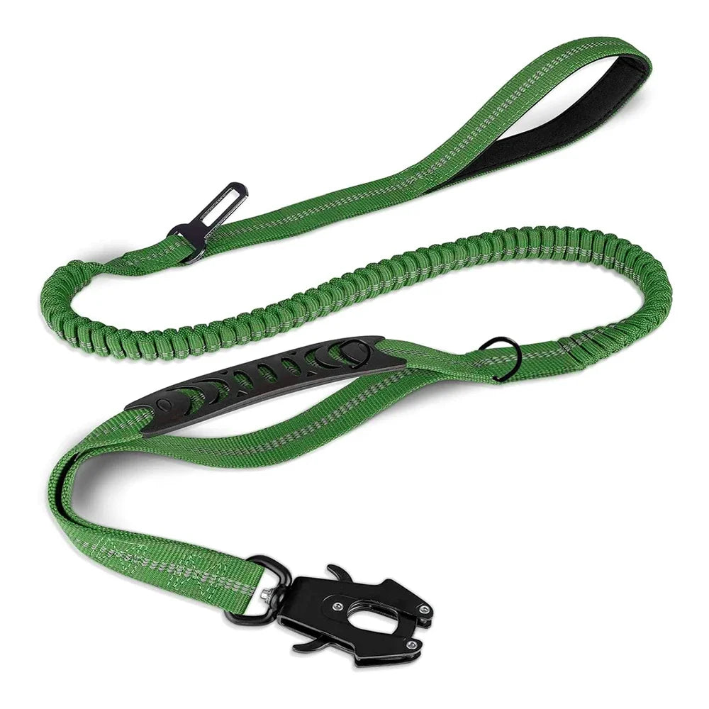 Laisse pour chien trois en un avec cordon élastique. Attache résistante pour rouler en voiture. Laisse pour chien trois en un vert . Image produit Boutiquechien