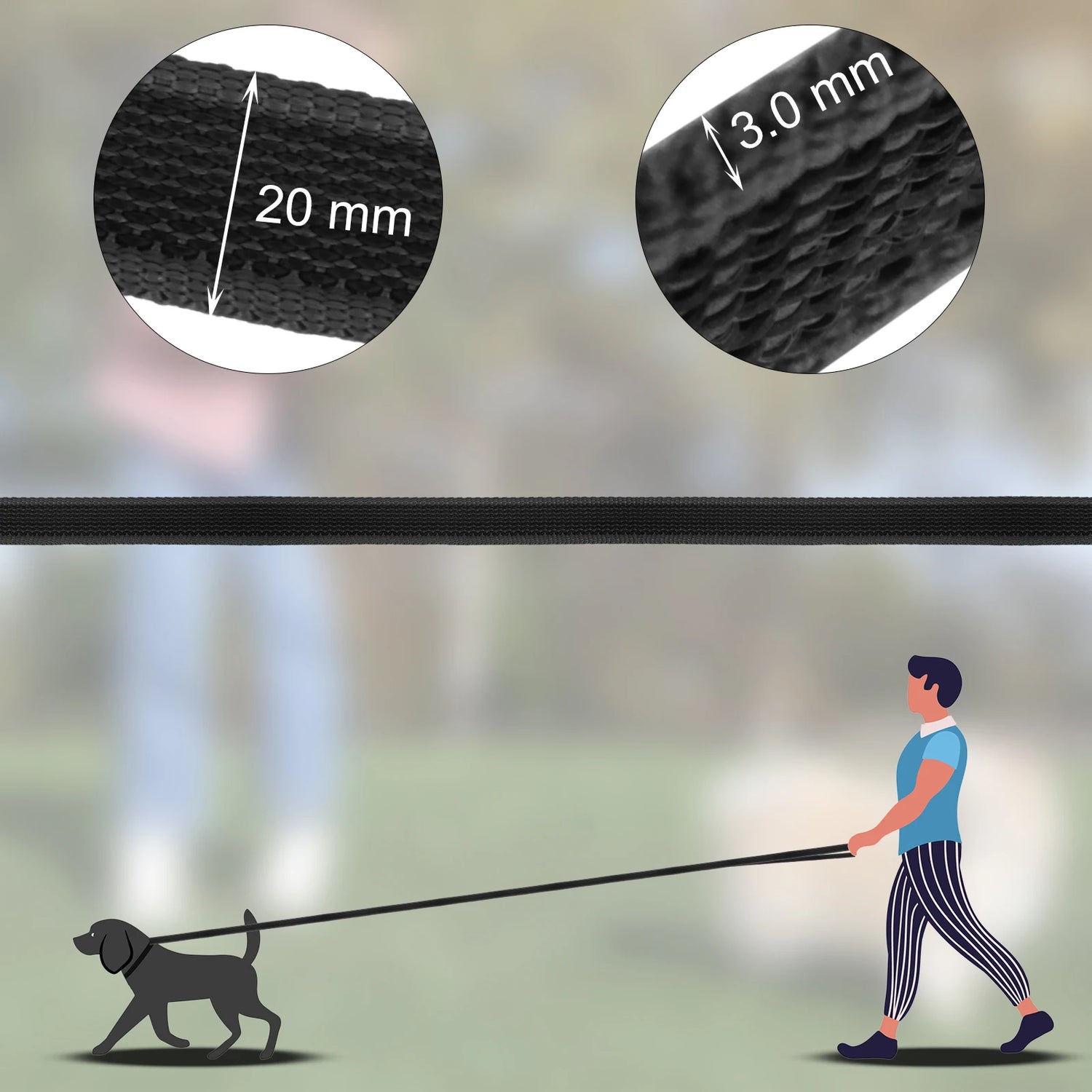 Laisse chiot en nylon résistant de couleur noir en montrant les dimensions du produit. Image produit Boutiquechien