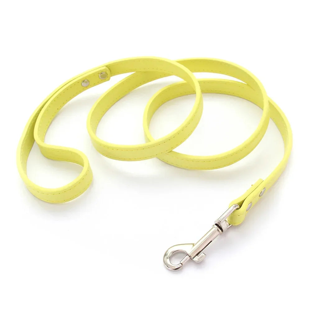 Laisse pour chiot de couleur jaune style cuir. Parfait pour promener un chiot facilement. Image produit Boutiquechien