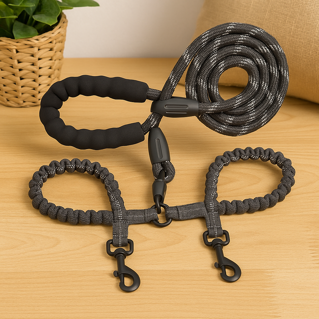 laisse de couleur noir résistante et double. La laisse est posé sur une table de couleur blanche avec en fond une plante verte. Image produit Boutiquechien