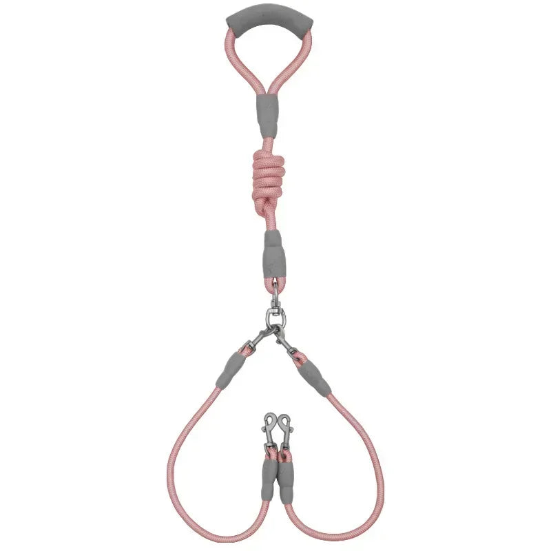 laisse double chiot résistant durable de couleur rose et gris. Laisse parfait pour promener deux chiens avec les poignées rembourré. Image produit Boutiquechien